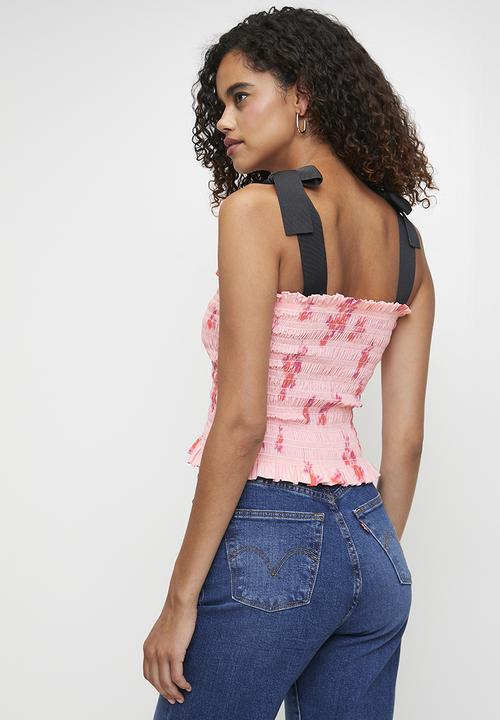 MILLA - Co-ord shirred top with straps - pink ditsy relief