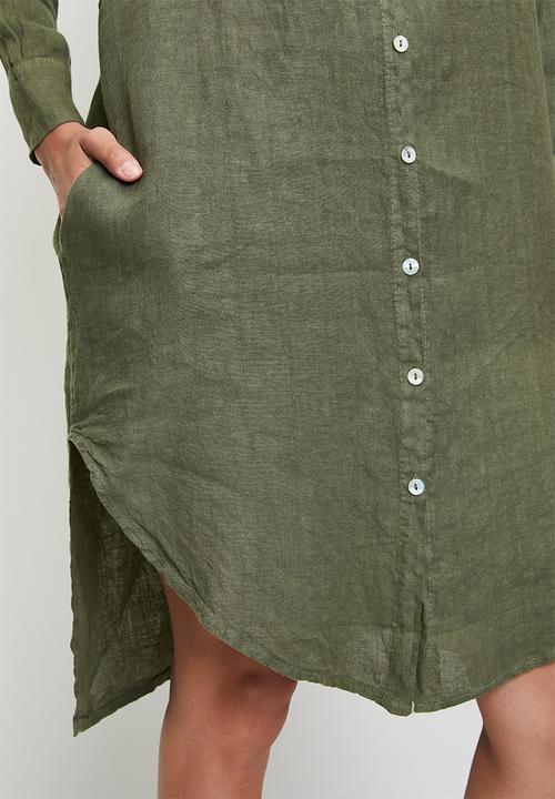 Stella Morgan - Linen Midi Dress With Front Scoop - Khaki