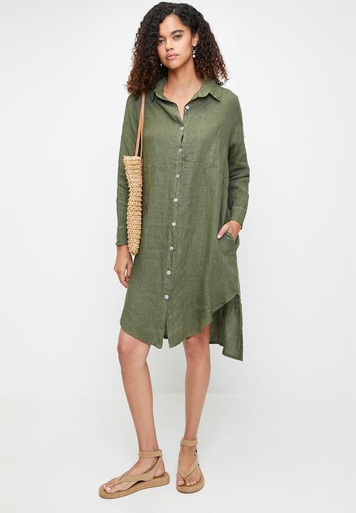 Stella Morgan - Linen Midi Dress With Front Scoop - Khaki