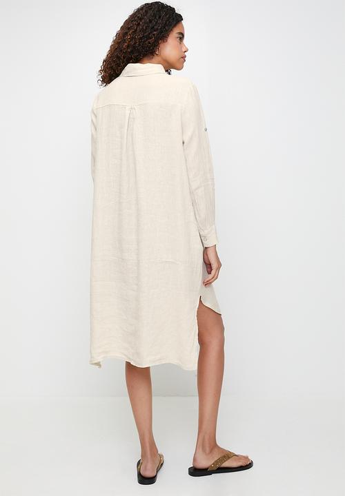Stella Morgan - Linen Midi Dress With Front Scoop - Beige
