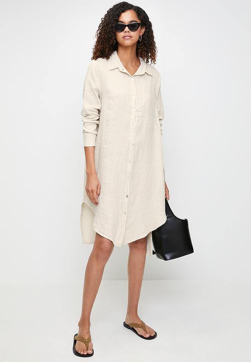 Stella Morgan - Linen Midi Dress With Front Scoop - Beige