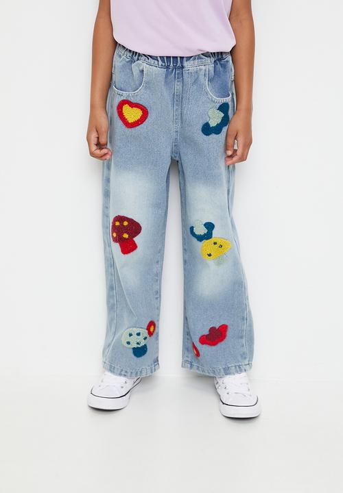 Pop Candy - Chenille embroidered wide leg jean - blue