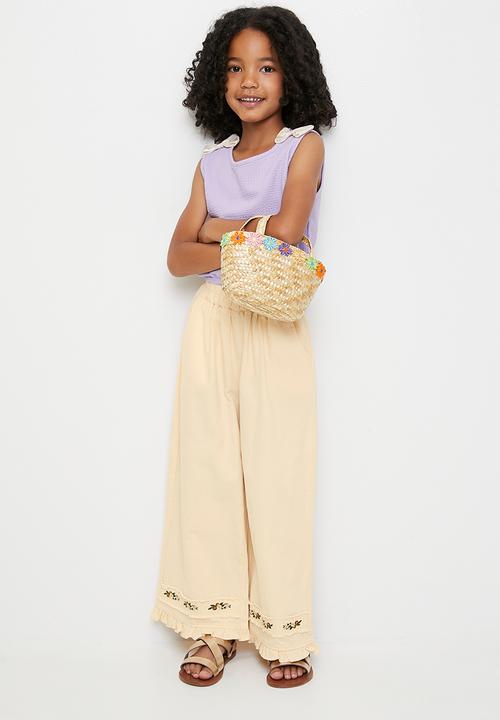 Pop Candy - Wide leg pants with embroidery detail - parchment white