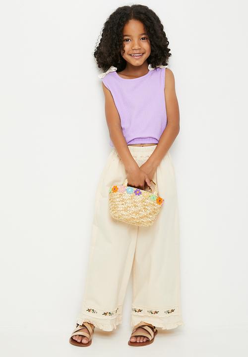 Pop Candy - Waffle knit top with liquid satin bow detail - lilac/cream