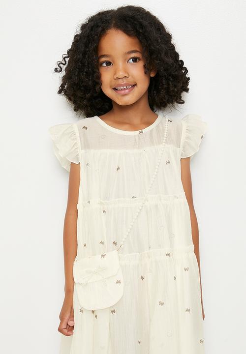 Pop Candy - Tiered tent dress with pearl strapped pouch - cream/bow aop