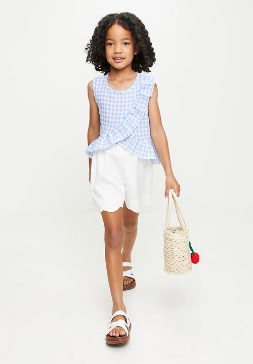Pop Candy - Diagonal ruffle top with scallop hem shorts - light blue gingham/white