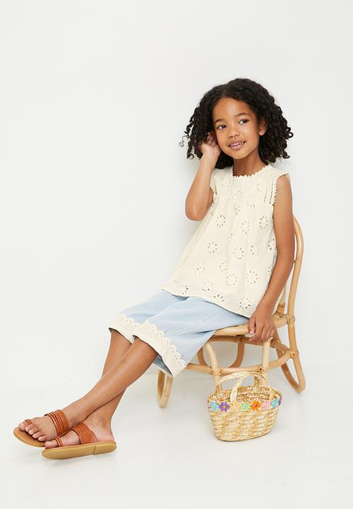 Pop Candy - Anglaise top with crochet detail & matching jeans - cream/light blue