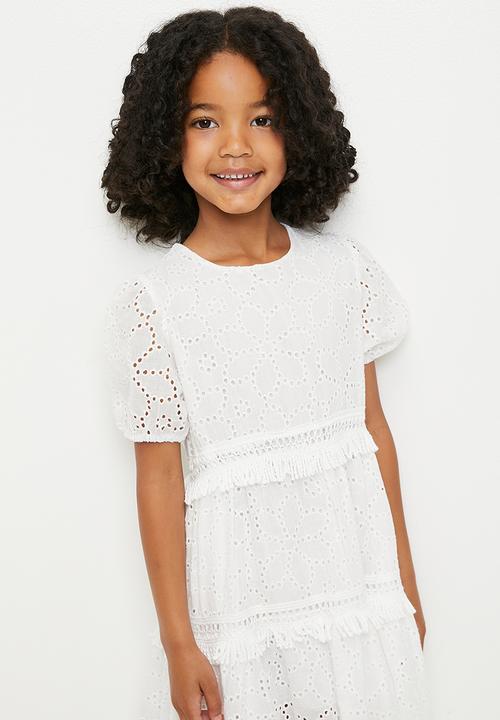 Pop Candy - Broderie anglaise dress with fringed tiers - white