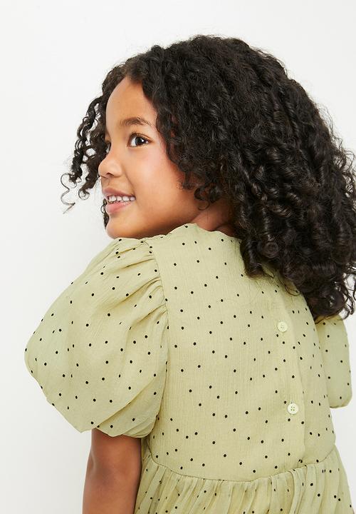 Pop Candy - Shirred bodice dress with bubble sleeves - green/micro dots