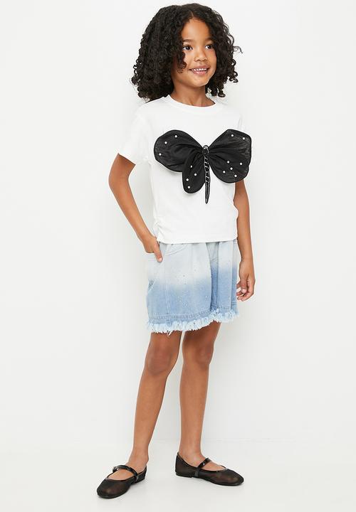 Pop Candy - Beaded 3D butterfly wing top with frayed hem shorts - multi