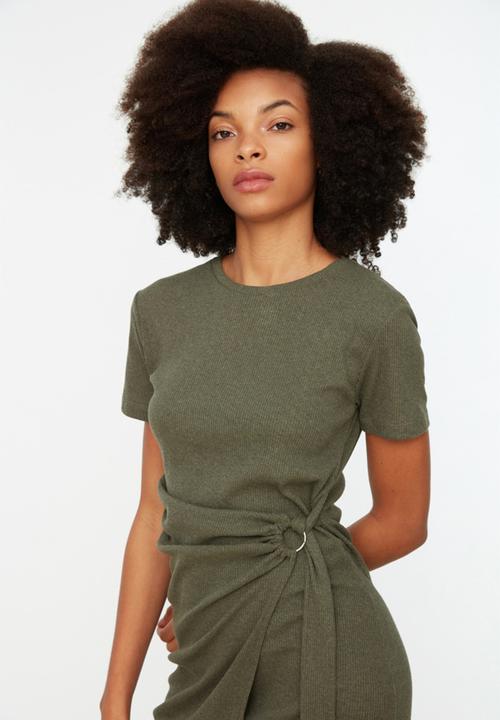 Trendyol - Mini Straight Cut Knitwear Dress - Khaki