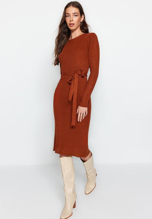 Trendyol - Midi Knit Tie Self Cloth Belt Dress - Copper Brown