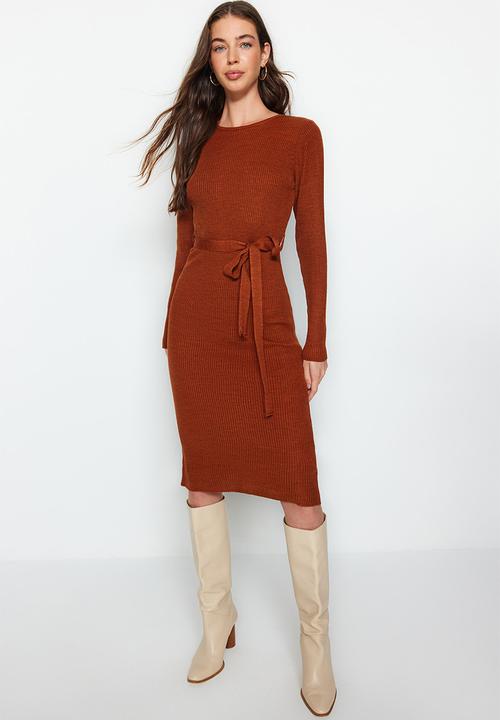 Trendyol - Midi Knit Tie Self Cloth Belt Dress - Copper Brown