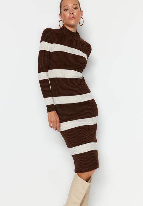 Trendyol - Midi Knit Bold Stripe Dress - Brown