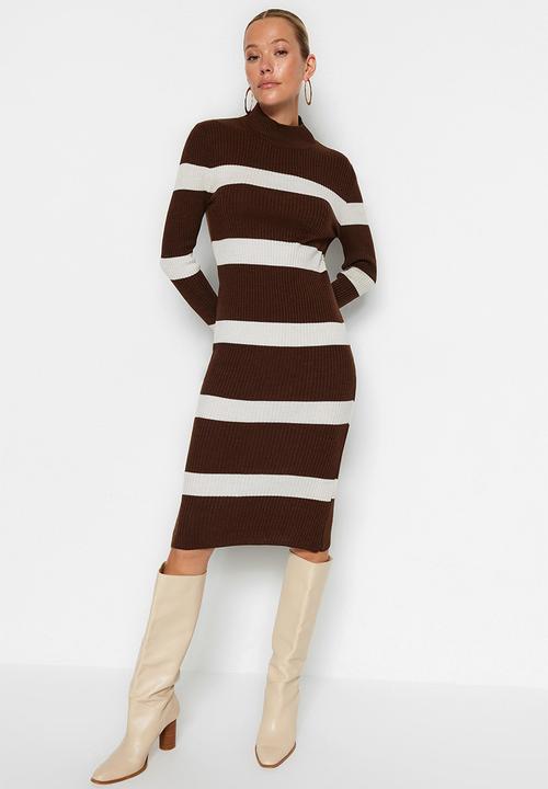 Trendyol - Midi Knit Bold Stripe Dress - Brown
