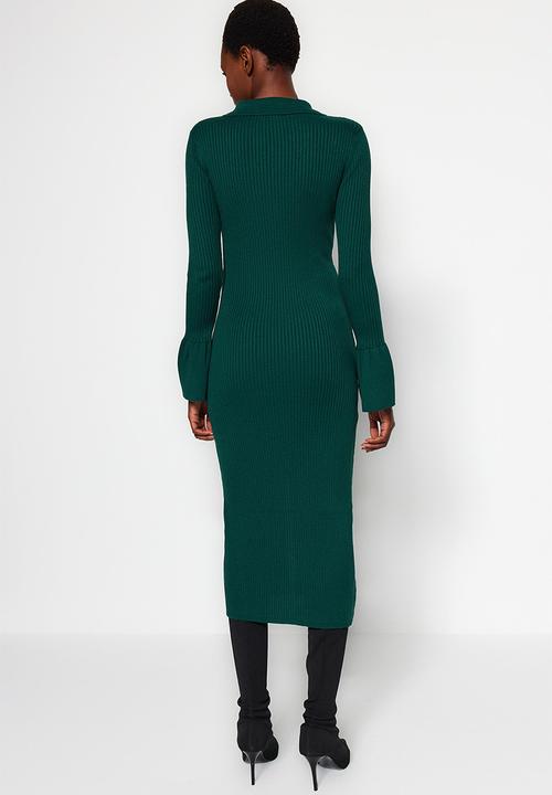Trendyol - Midi Straight Cut Knitwear Dress - Emerald Green