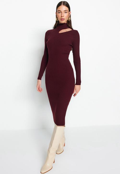 Trendyol - Midi Straight Cut Knitwear Dress - Plum