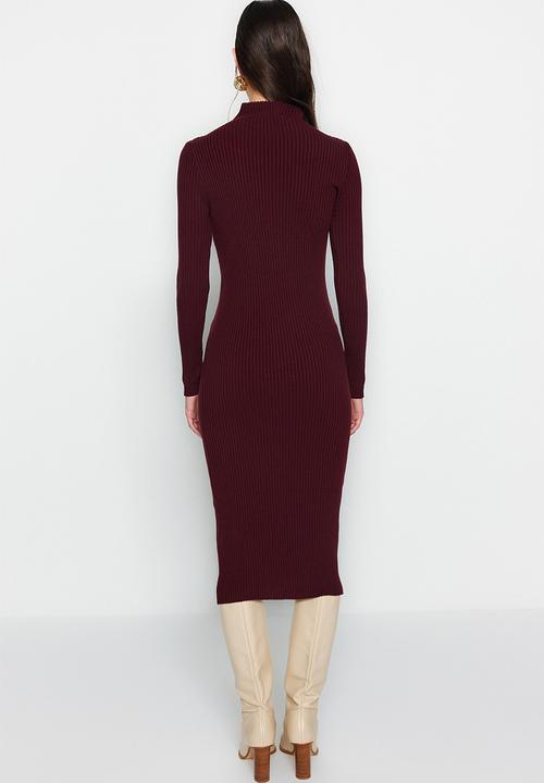 Trendyol - Midi Straight Cut Knitwear Dress - Plum