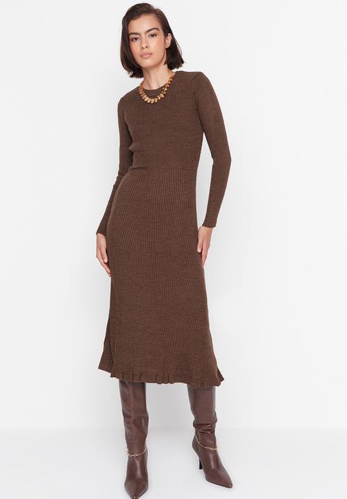 Trendyol - Midi Knit Dress - Brown