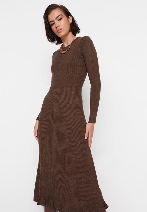 Trendyol - Midi Knit Dress - Brown
