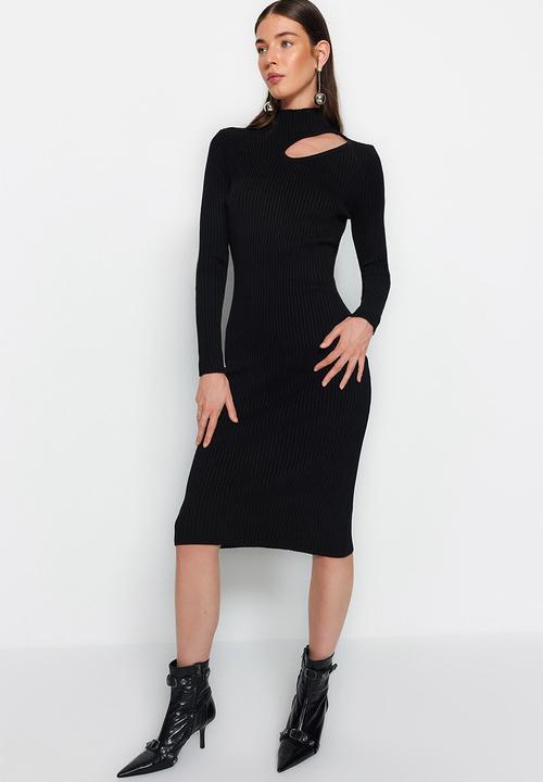 Trendyol - Midi Straight Cut Knitwear Dress - Black