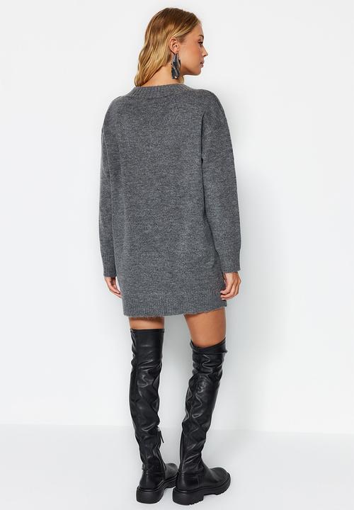 Trendyol - Mini Straight Cut Knitwear Dress - Grey