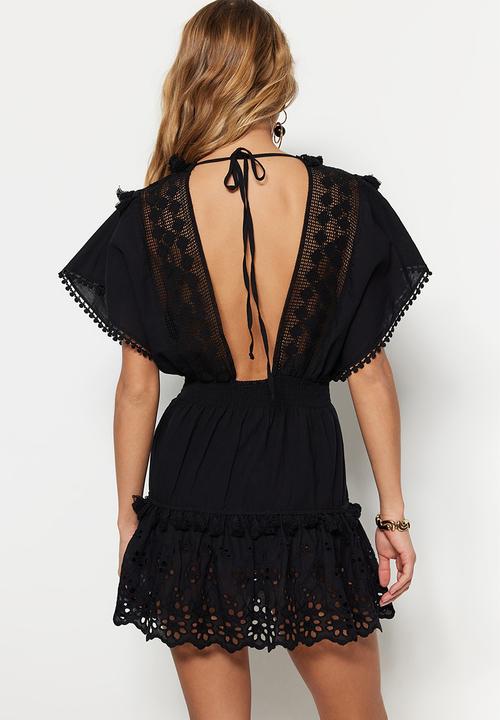 Trendyol - Mini Deep V Frill Detail Dress - Black