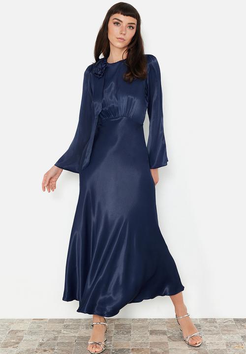 Trendyol - Maxi A line Satin Woven Dress - Navy Blue