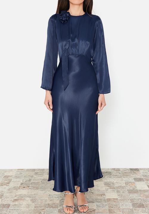 Trendyol - Maxi A line Satin Woven Dress - Navy Blue