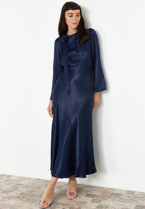 Trendyol - Maxi A line Satin Woven Dress - Navy Blue