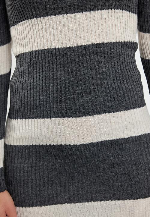 Trendyol - Midi Knit Bold Stripe Dress - Grey & White 