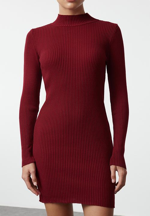 Trendyol - Mini Knit bodycon High Neck Dress - Red