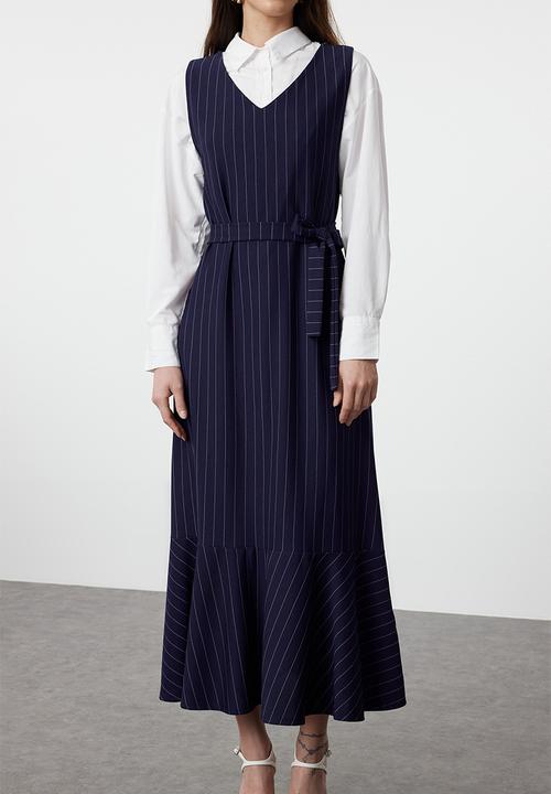 Trendyol - Midi A line Striped Woven Dress - Navy