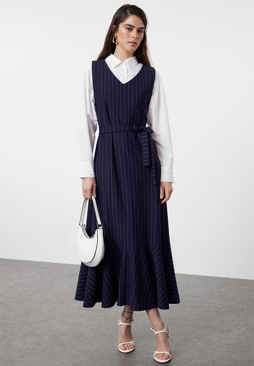 Trendyol - Midi A line Striped Woven Dress - Navy