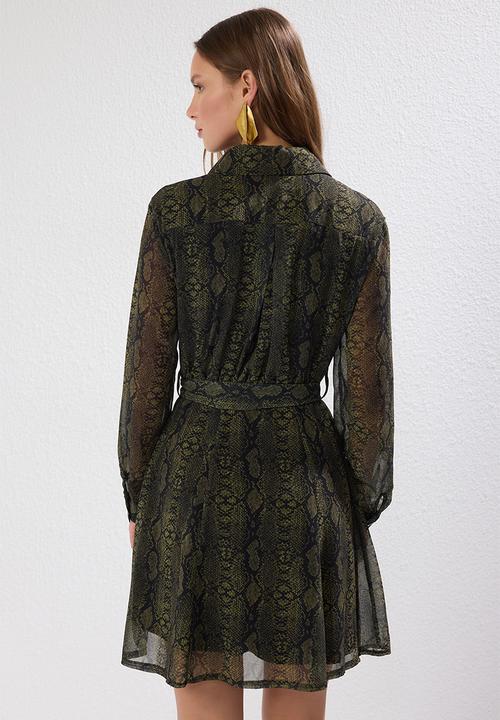 Trendyol - Mini Aline Woven Collar Dress - Green