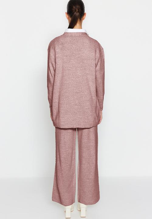 Trendyol - Knitwear Cardigan and Trousers Set - Pearl Button - Dried rose