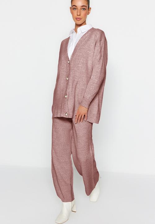 Trendyol - Knitwear Cardigan and Trousers Set - Pearl Button - Dried rose