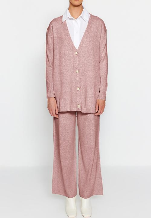 Trendyol - Knitwear Cardigan and Trousers Set - Pearl Button - Dried rose