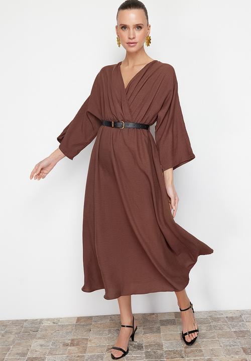 Trendyol - Midi Aline Woven 3/4 Slv Dress - Brown