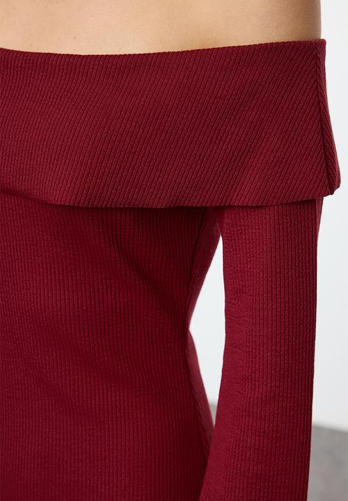 Trendyol - Midi Pencil Knit Dress - Burgundy