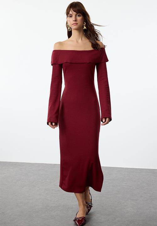 Trendyol - Midi Pencil Knit Dress - Burgundy