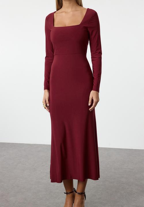 Trendyol - Midi Straight Cut Knit Dress - Red