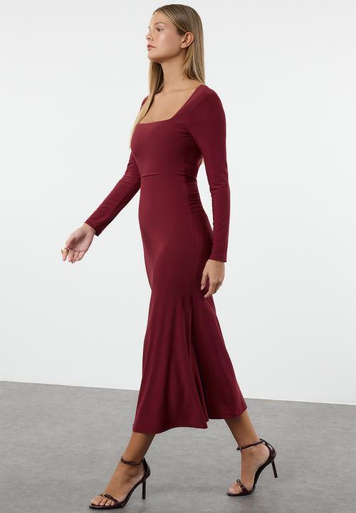 Trendyol - Midi Straight Cut Knit Dress - Red