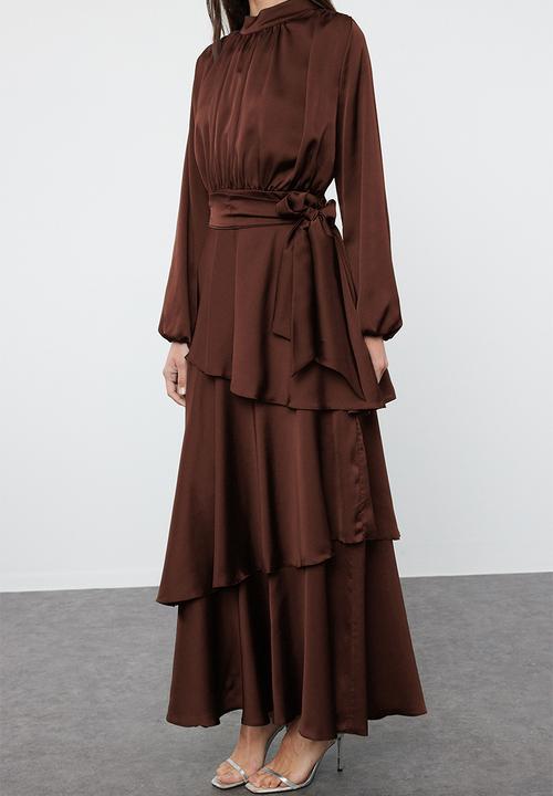 Maxi A line High Neck Woven Dress - Burgundy