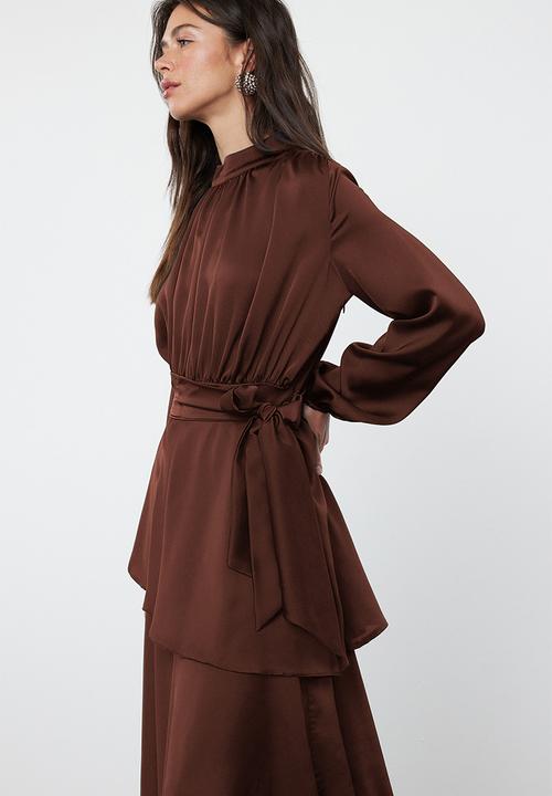 Maxi A line High Neck Woven Dress - Burgundy