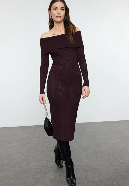 Trendyol - Midi Pencil Knitwear Dress - Plum