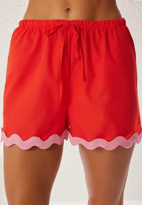 Trendyol - Stripe Accessory Kimono Shorts Beach Suit Set - Red-Pink