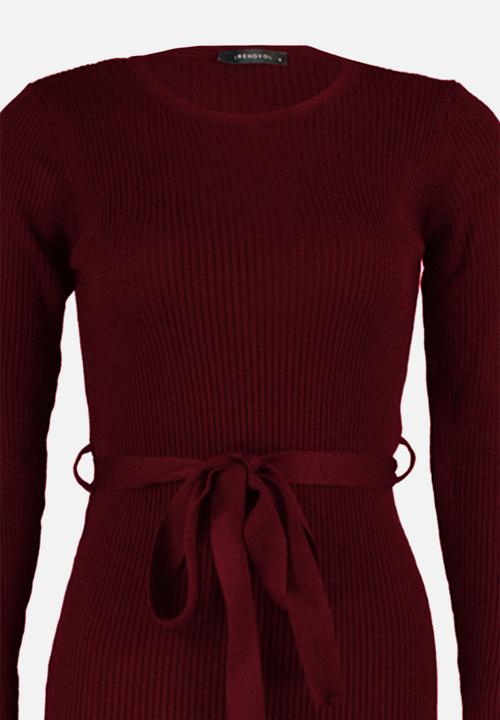 Trendyol - Midi Knit Tie Self Cloth Belt Dress - Burg