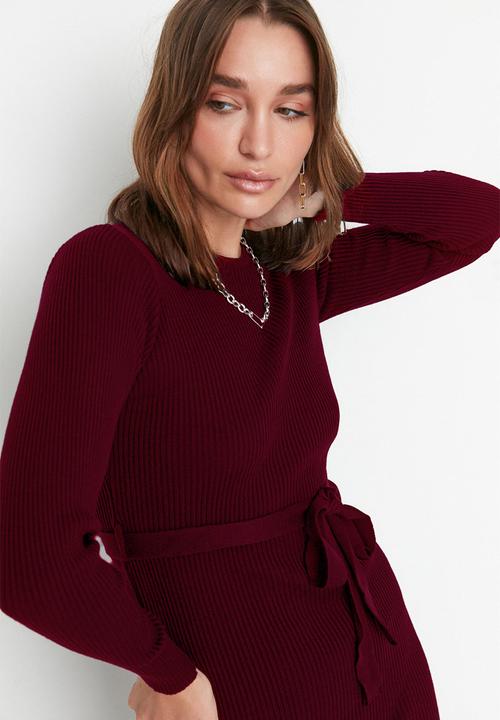 Trendyol - Midi Knit Tie Self Cloth Belt Dress - Burg