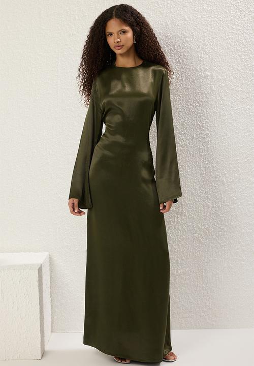 Maxi A line Satin Woven Dress - Khaki